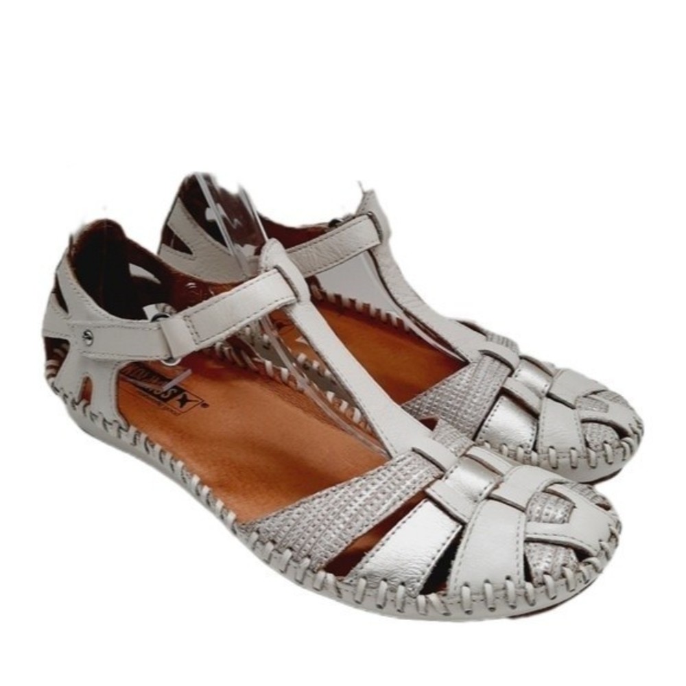 PIKOLINOS Puerto Vallarta Closed -Toe Strap Sandals White & Silver Sz 7.5 - 8